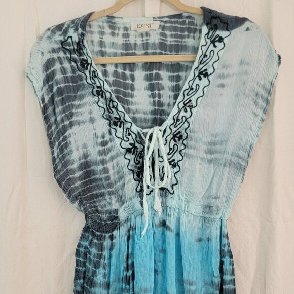 Blue Mini Sundress Coverup Cap Sleeves V Neck Size M - Picture 1 of 5